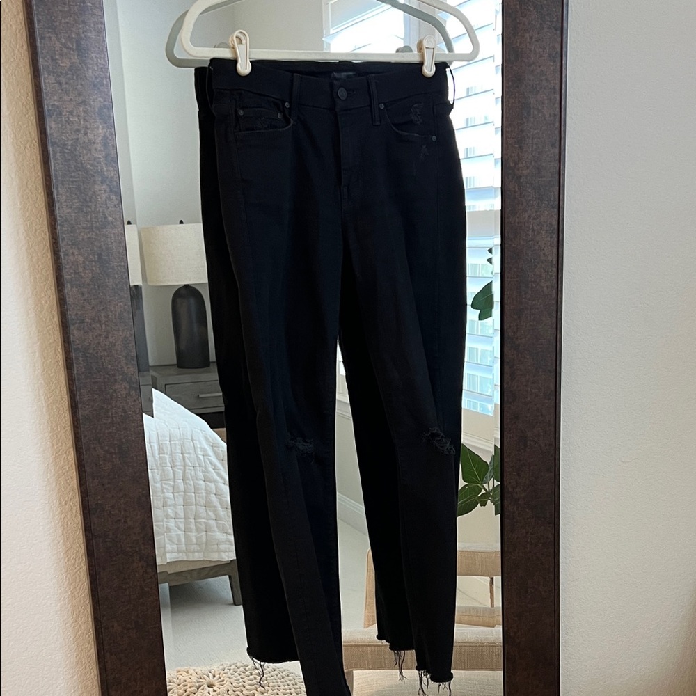 MOTHER Black Distressed Skinny Jeans